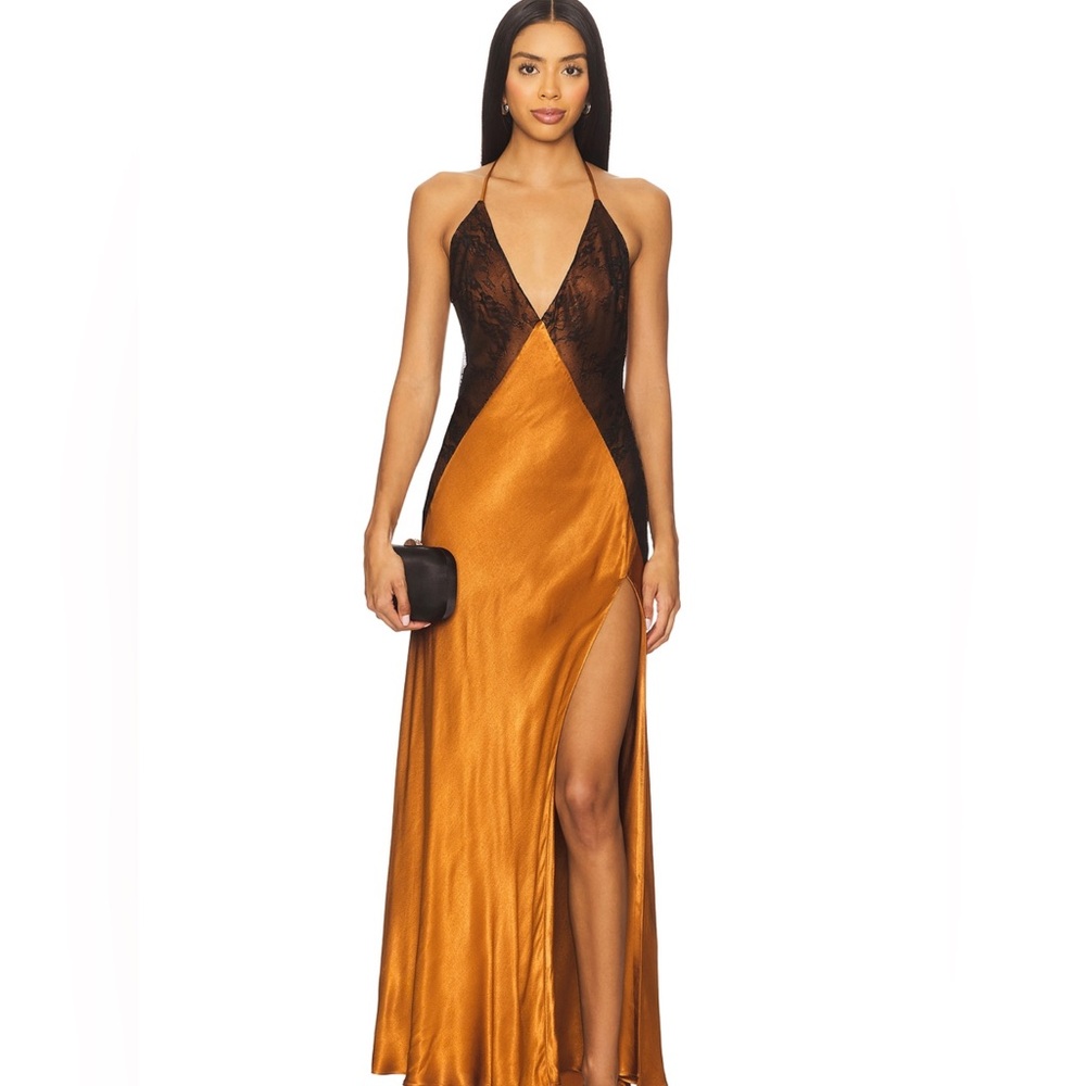 Bardot Black Lace and Gold Satin Maxi Dress